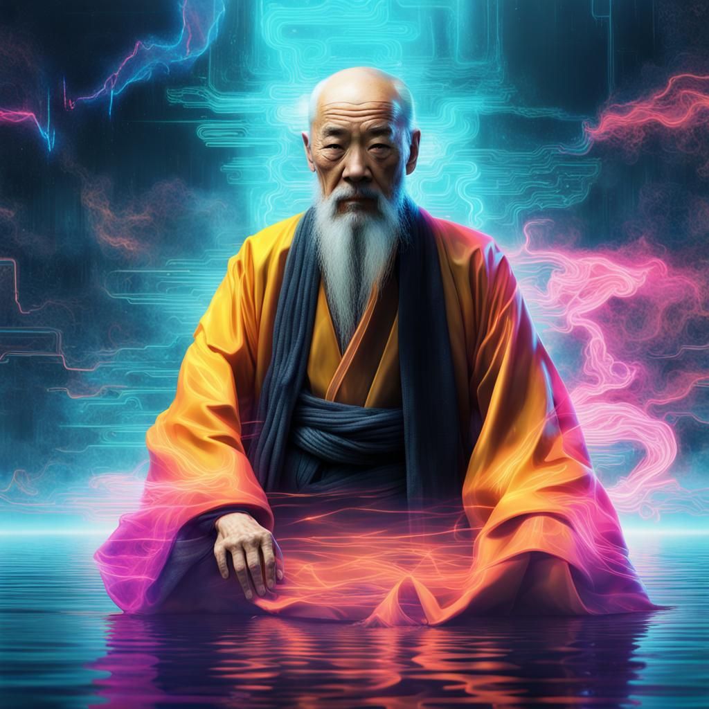Lao Tzu Double Exposure in Cyberpunk Style