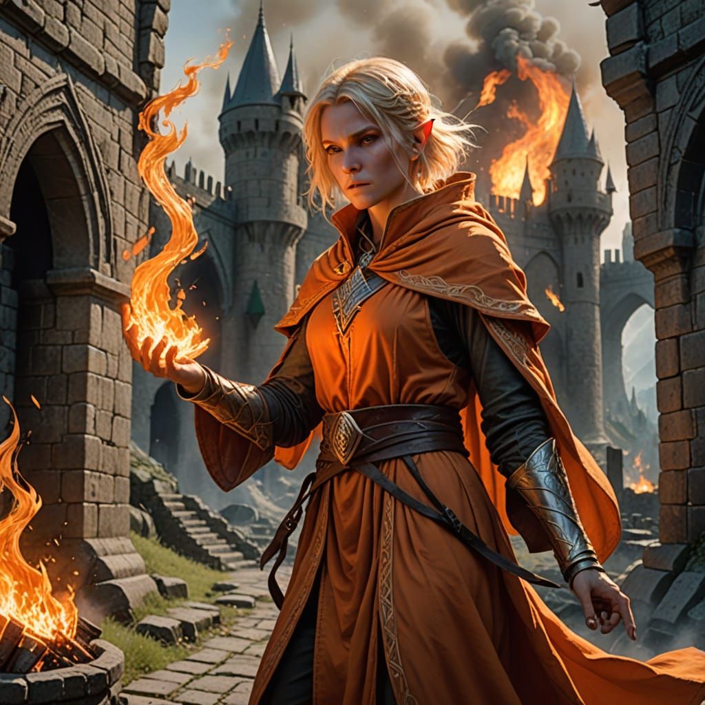 Fiery Sorceress Confronts Foe in Orange Robes