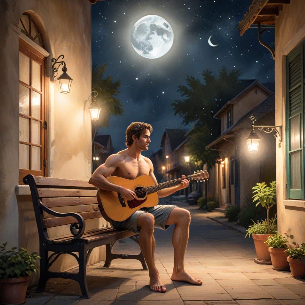 Man Playing Guitar in Cozy Interior, Watercolor Style