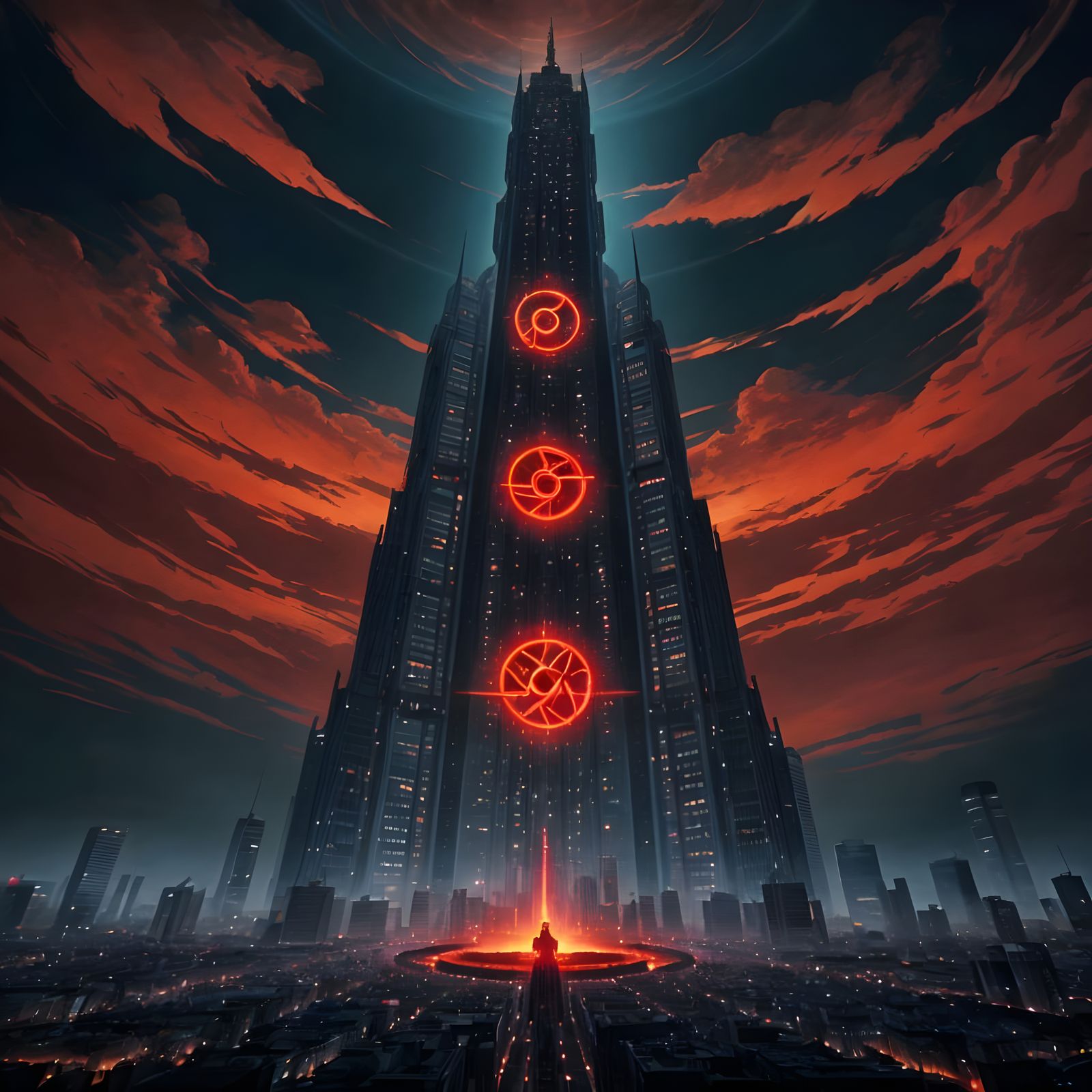 Surreal Anime Skyscraper Summoning in Cyberpunk Style