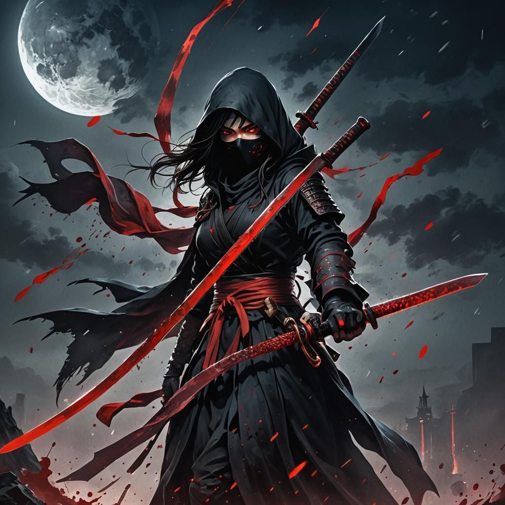 Bloodied Ninja with Glowing Sword in Dark Fantasy Art