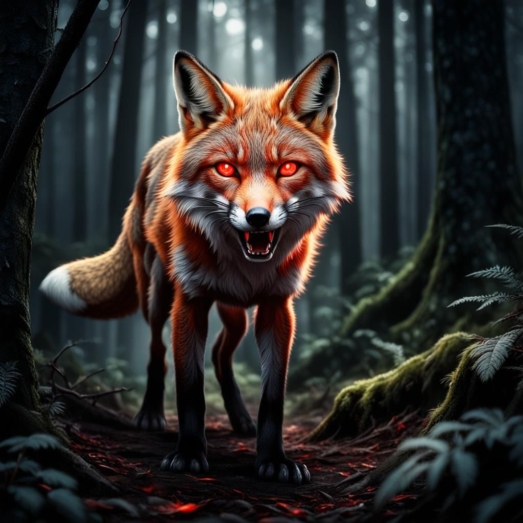 Ferocious Fox with Glowing Eyes in Dark Forest