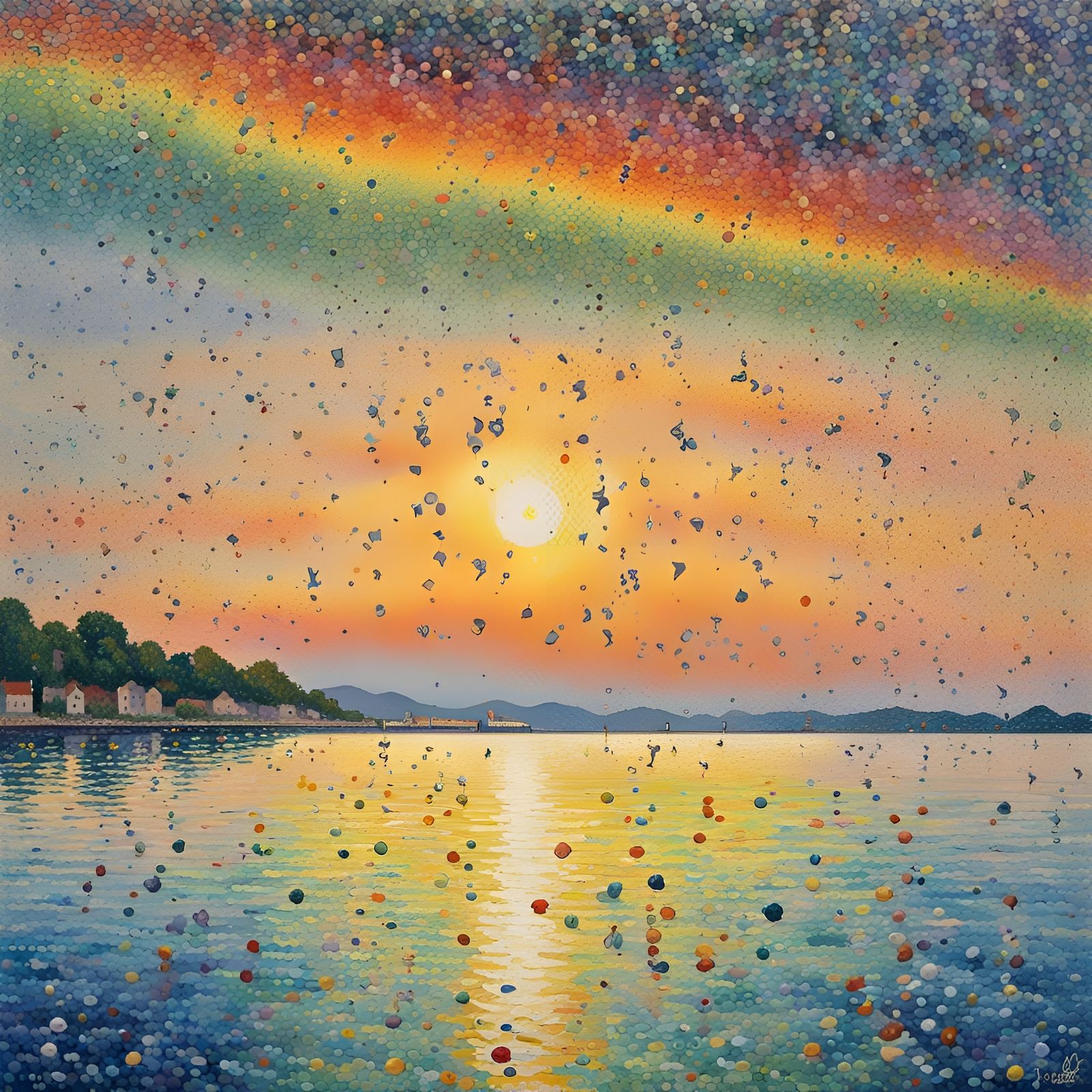 Pointillist Seascape with Confetti Rain