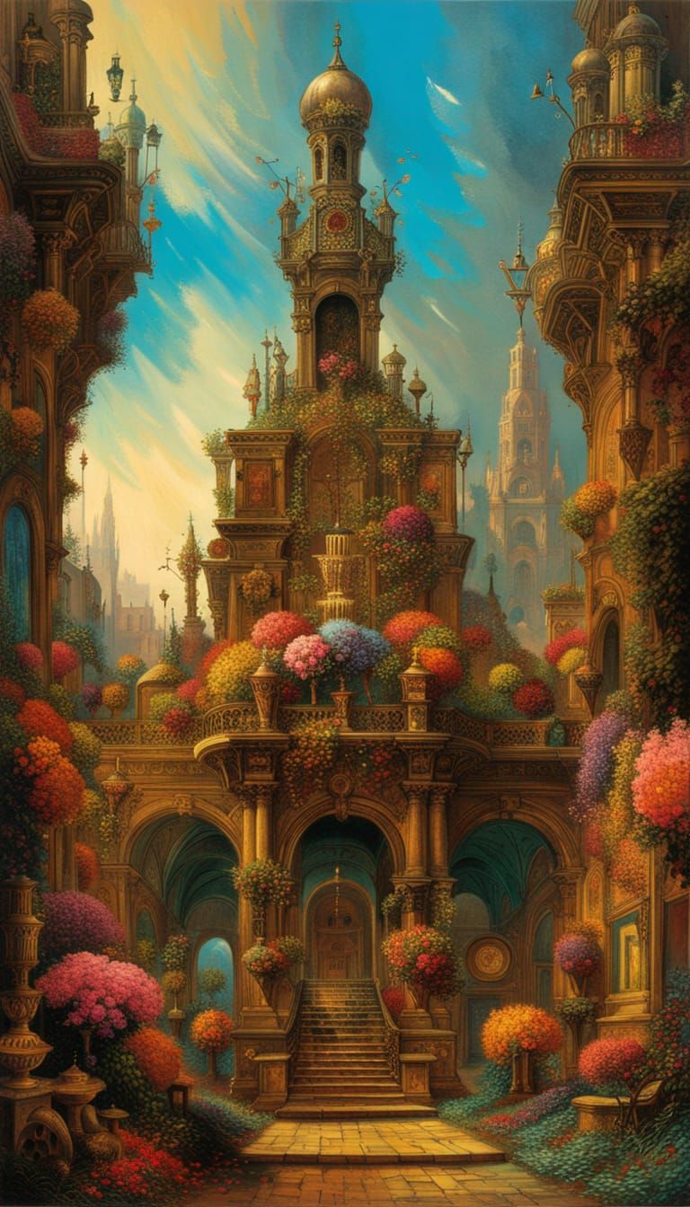 Baroque Palace Gardens with Flowers in Moreau Style