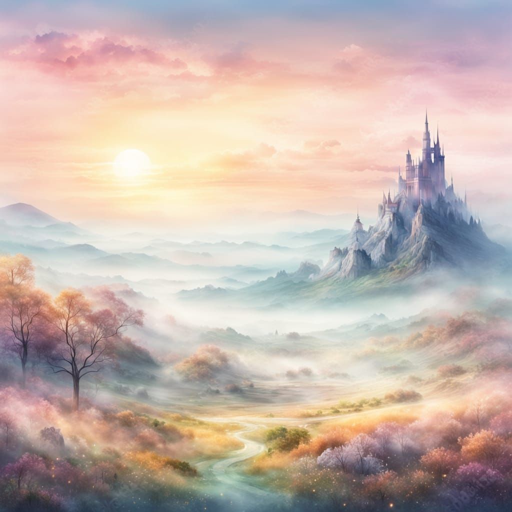 Dreamy Magical Landscape in Watercolor Style