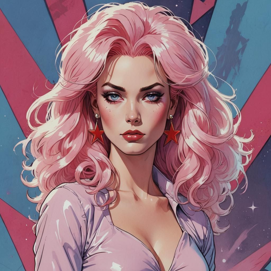 80's Retro Comic Book Art of Jem in Iconic Pink Hair Style
