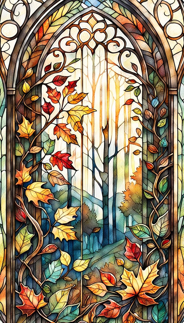 Autumn Leaves Stained Glass Bookmark in Watercolor Style