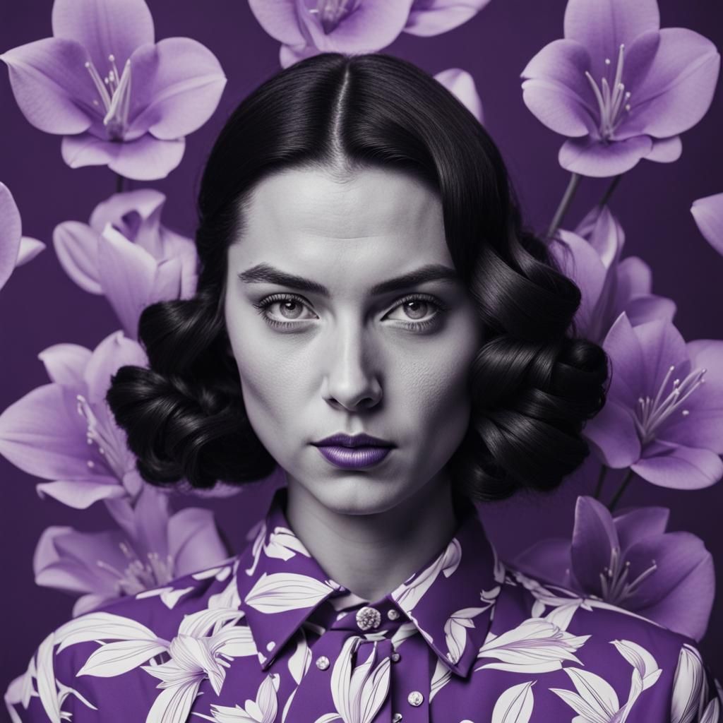 Smirking Woman with Lilies in Wes Anderson Style