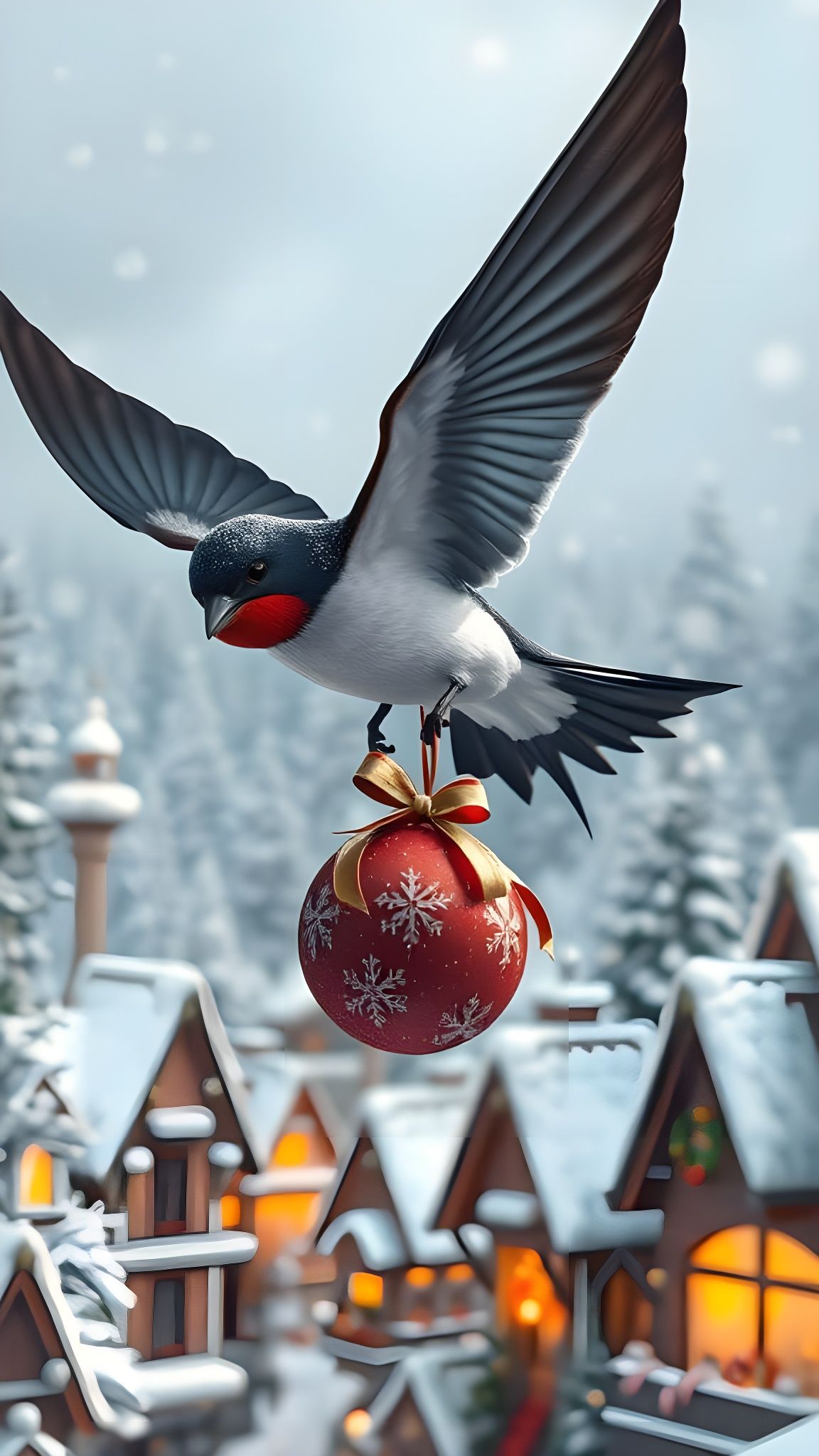 Ethereal Swallow Soars over Snowy Christmas Village in Vibra...