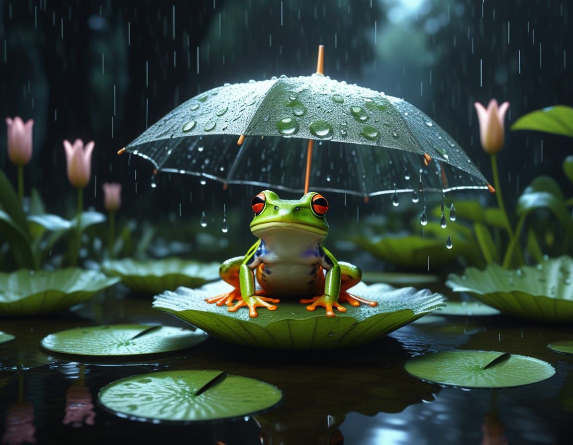 Adorable Frog Uses Lilypad as Umbrella in Dark Forest