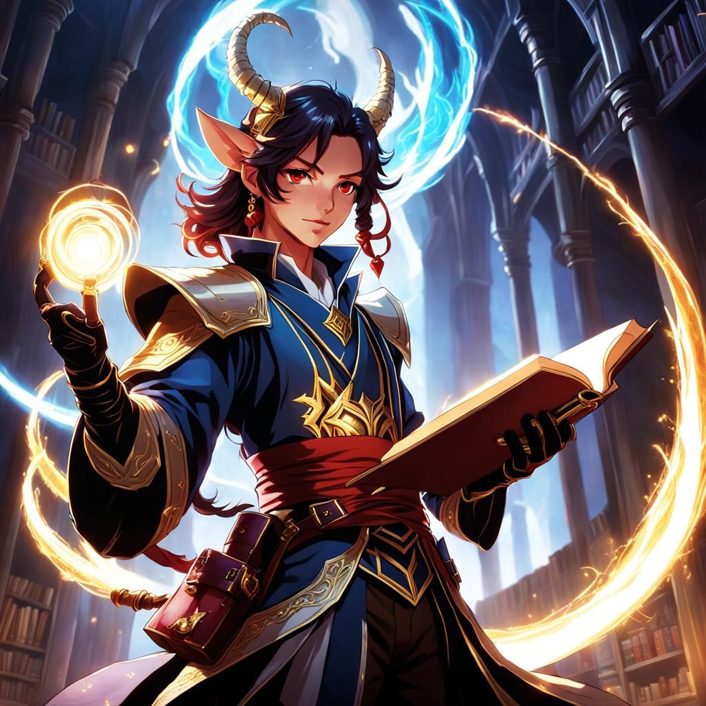 Tiefling Bard with Luminous Book, in Anime Style