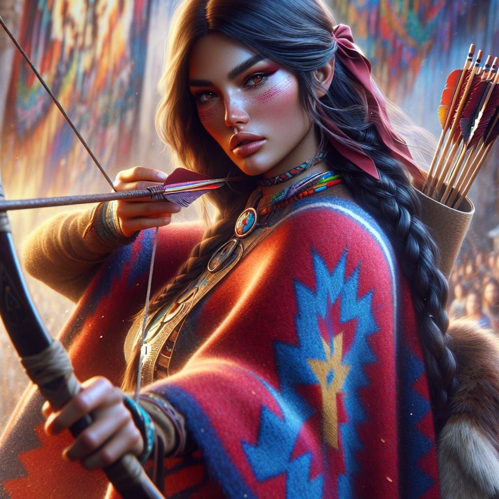 Navajo Woman Hunter in Traditional Dress, Hyperrealistic Art