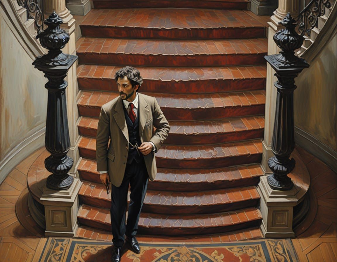 Dignified Gentleman on Grand Staircase in Warm Oil Paint