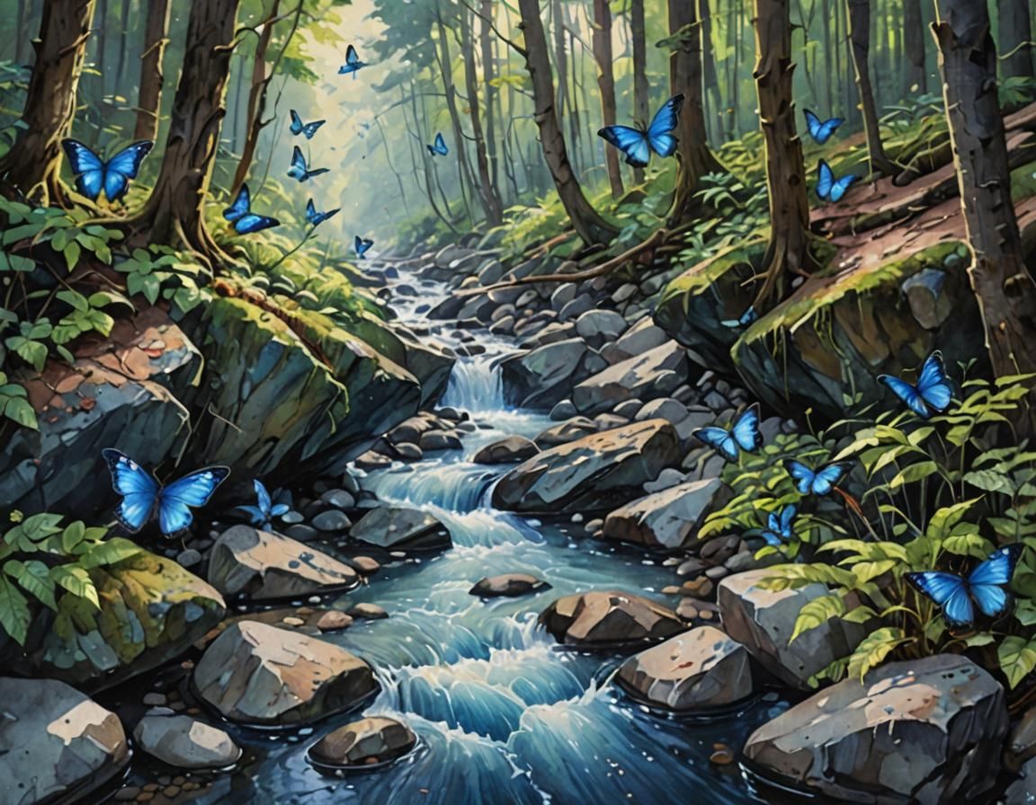 Jewel Blue Forest Stream in Watercolor Style