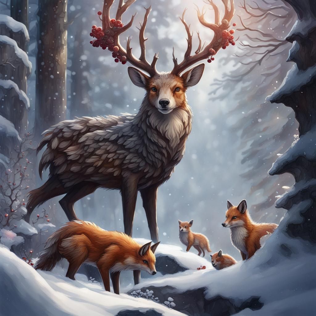 Winter Solstice Forest Animals in Detailed Matte Painting