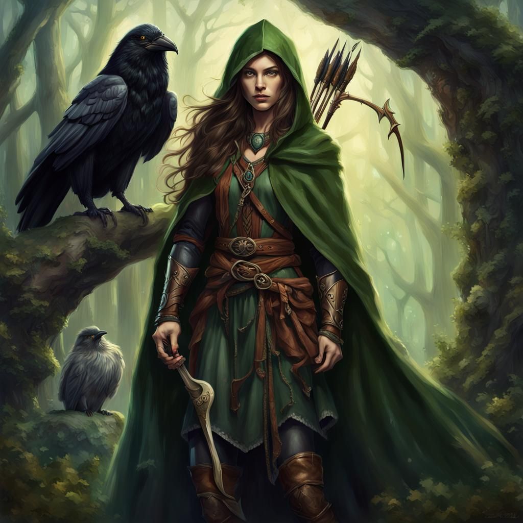 Half Elf Druid with Raven Pet, Fantasy Art