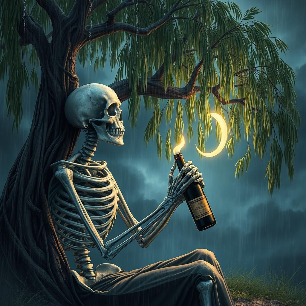 Medieval Skeleton Enjoys Wine Under Stormy Willow
