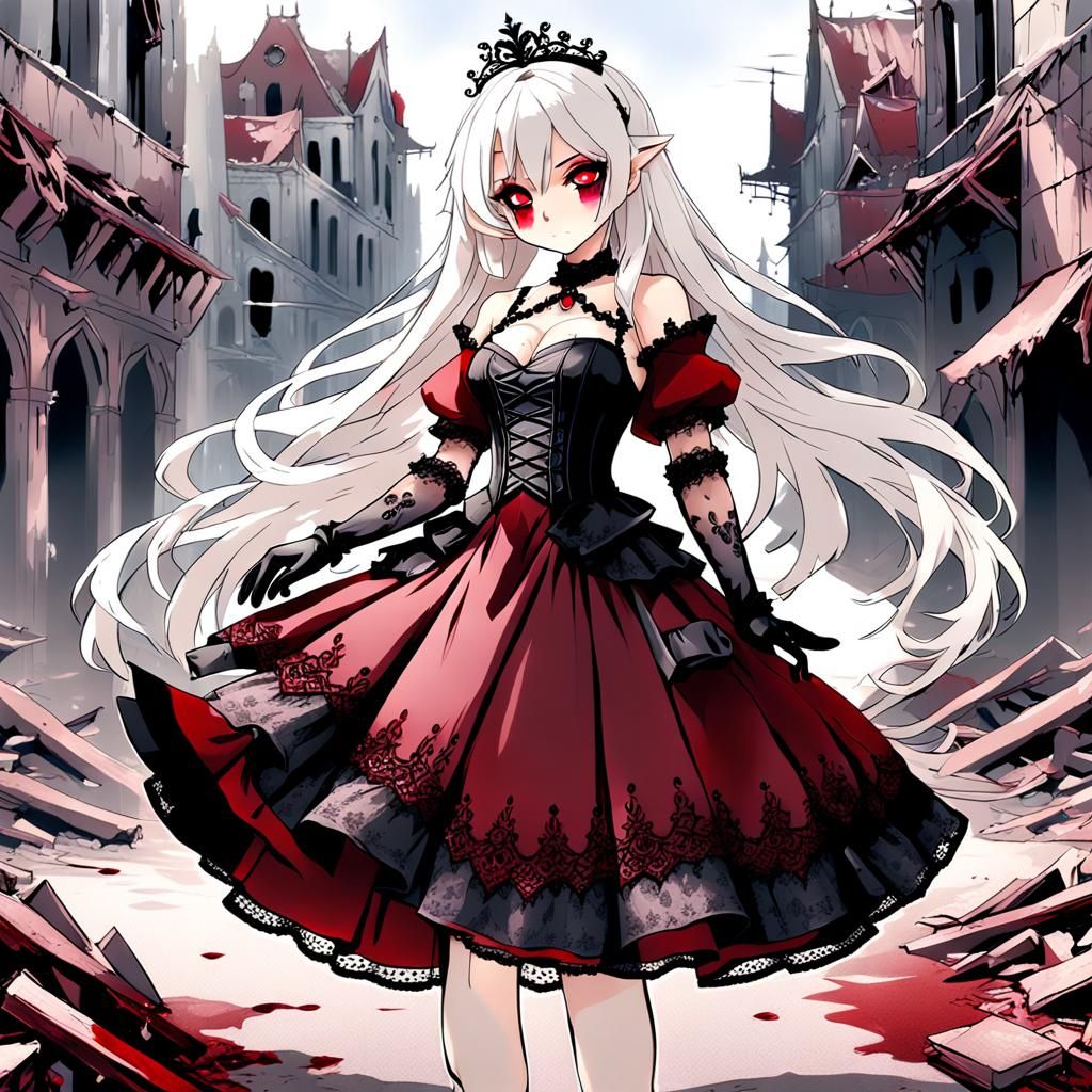 Anime Girl in Black Dress in Ruined City
