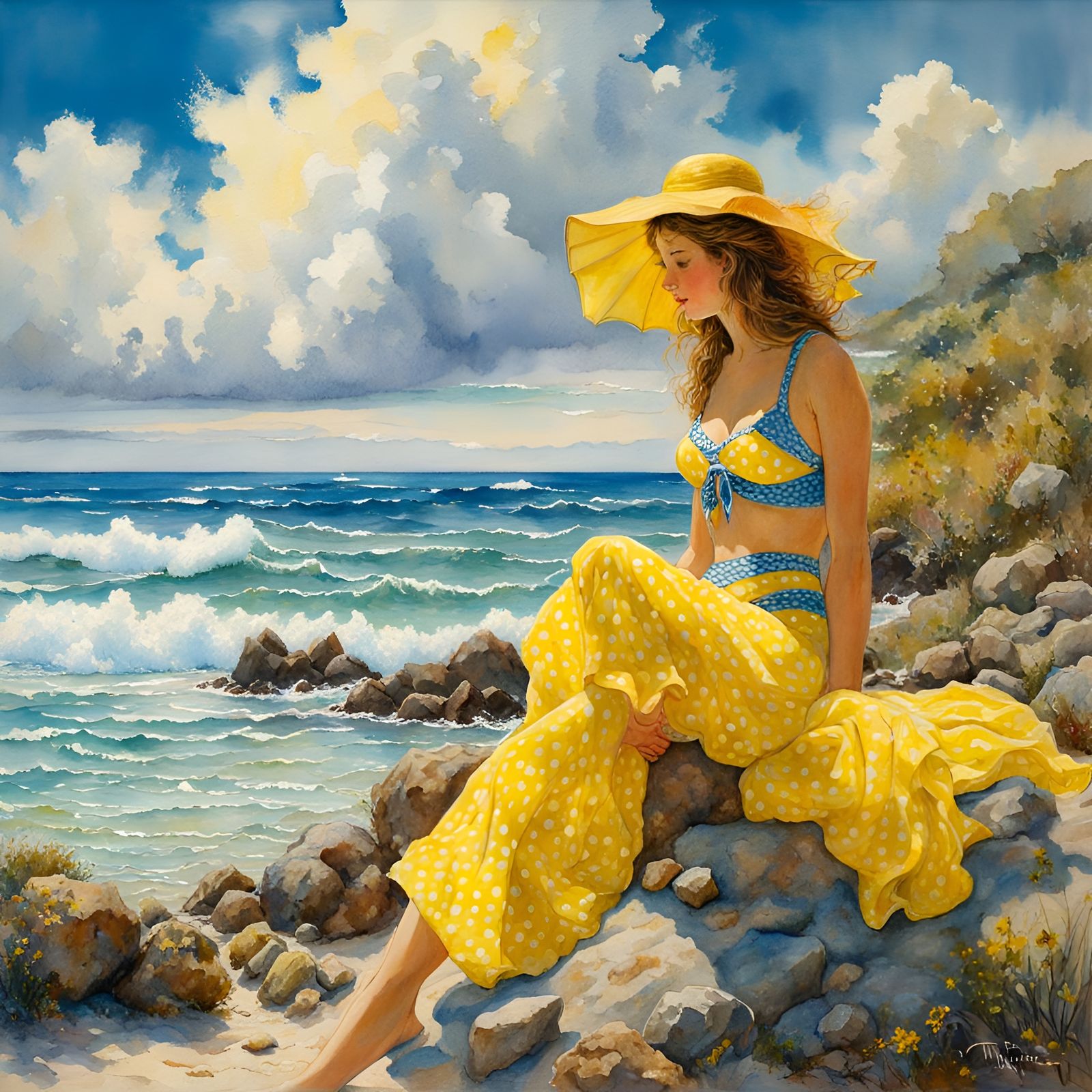 Girl in Polka Dot Bikini: Watercolor Beach Scene