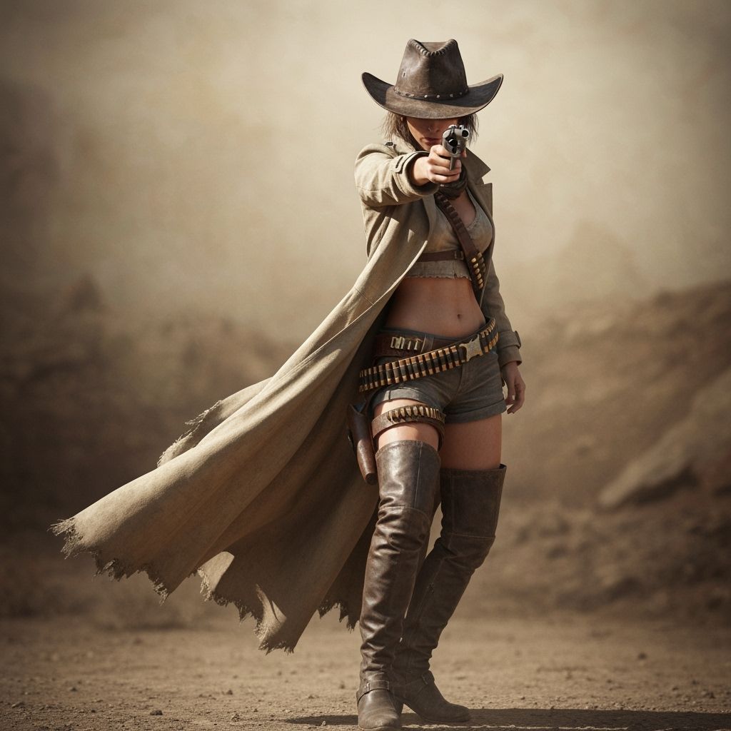 Female Gunslinger in Dusty Post-Apocalyptic Western Photo