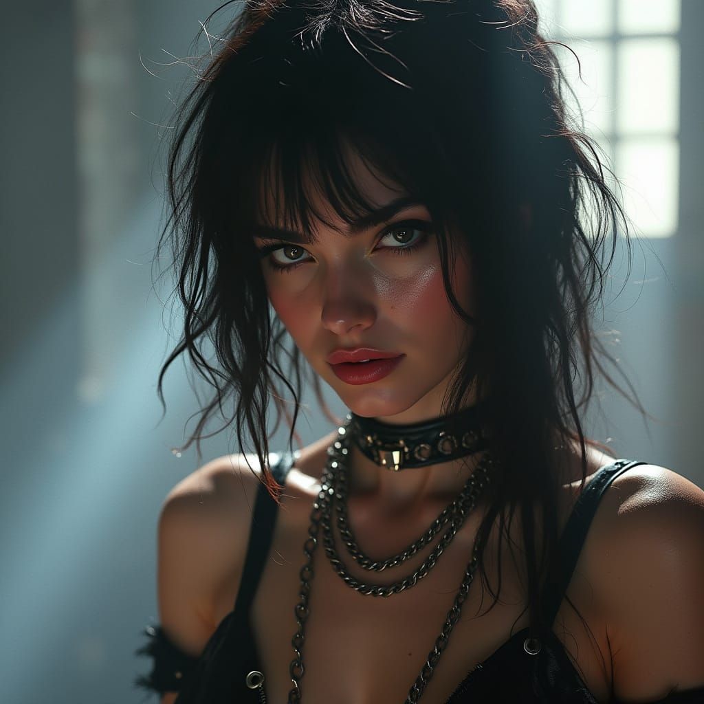 Gothic Brunette in Leather with Rainbow Light Effects