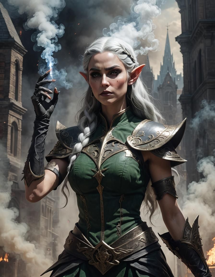 8k, low-angle close up of elf-pinup inquisitor wielding holy smoke, detailed skin & textures, high contrast shadows, dee...