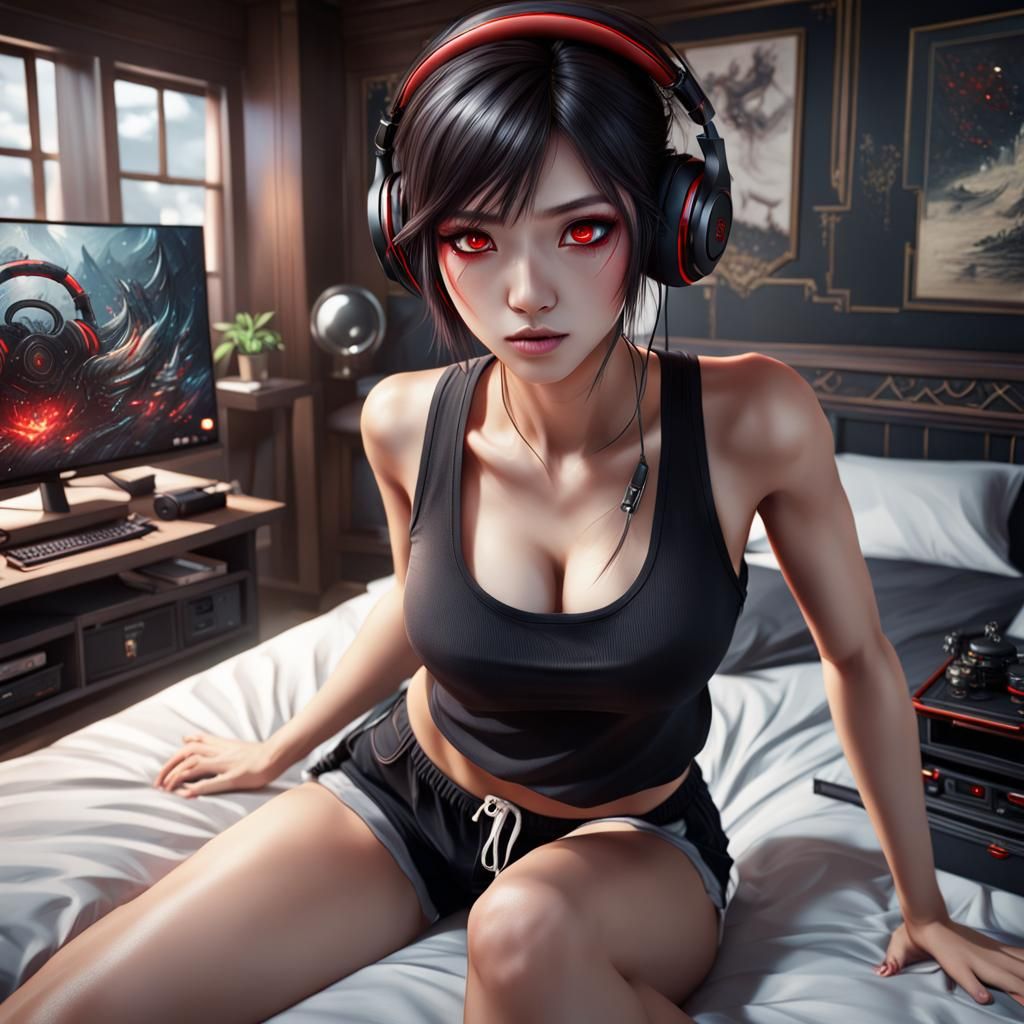 Japanese Girl Gaming with Red Eyes in Fantasy Art
