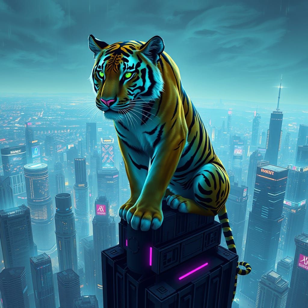 Bioluminescent Tiger Perched Atop Cyberpunk Skyscraper