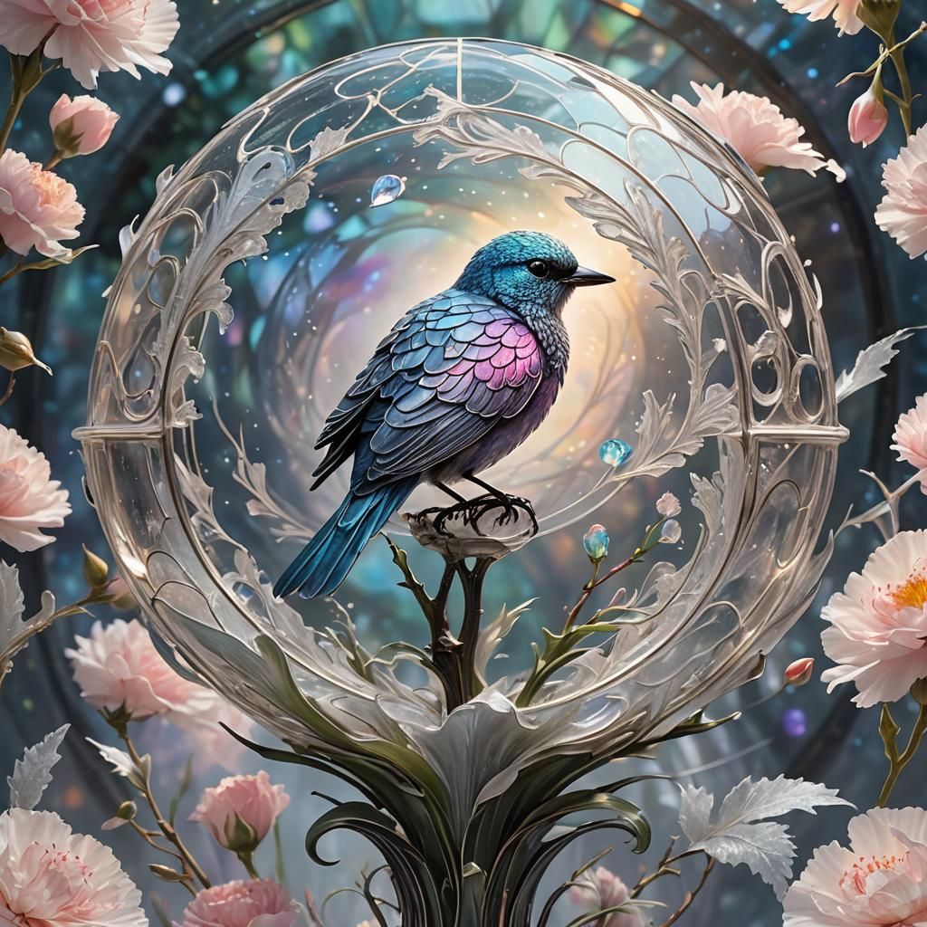Surreal Holographic Globe with Stained Glass Bird