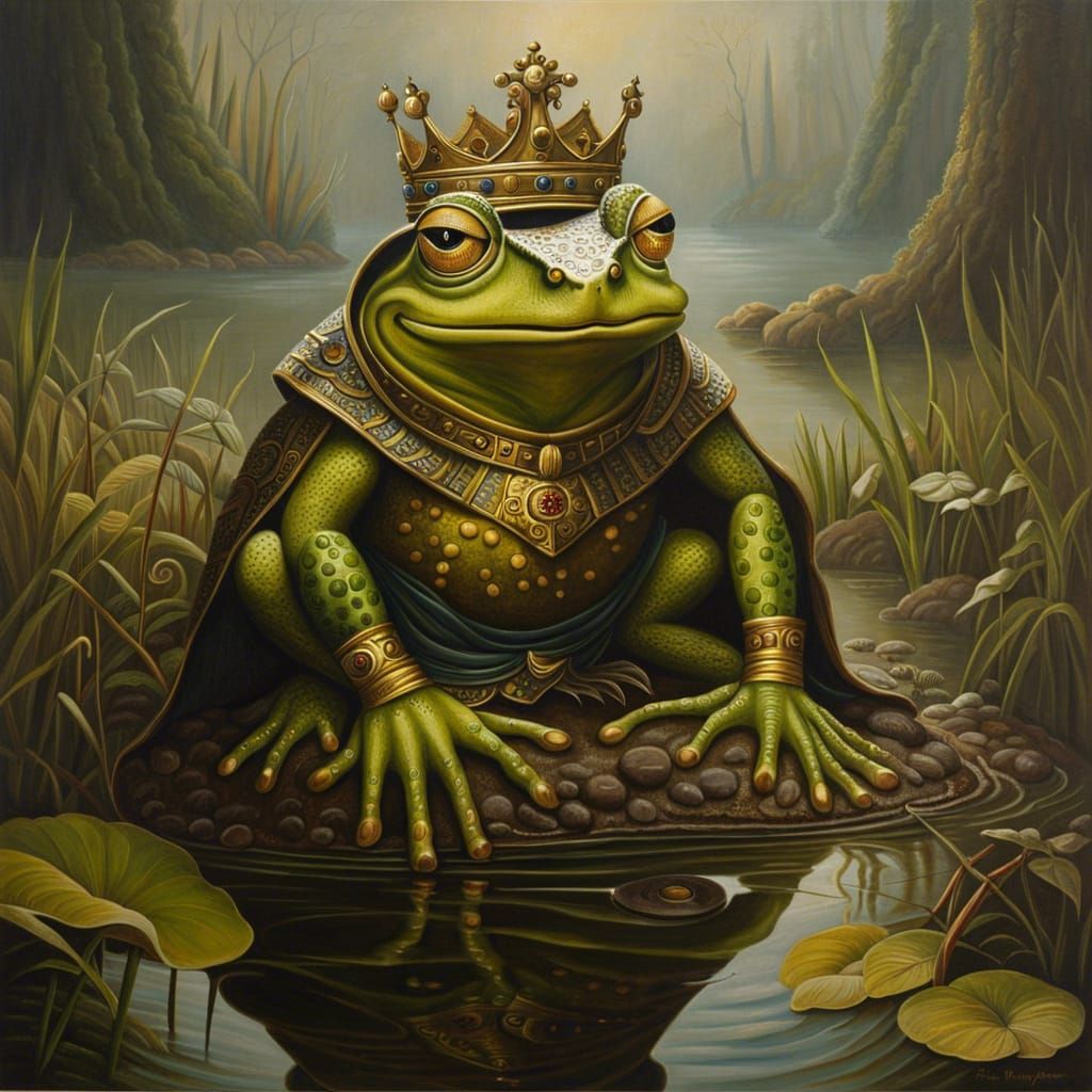 Ancient Frog King in Misty Bog: Oil Painting