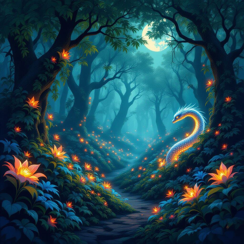 Magical Bioluminescent Forest with Ethereal Fire Flora