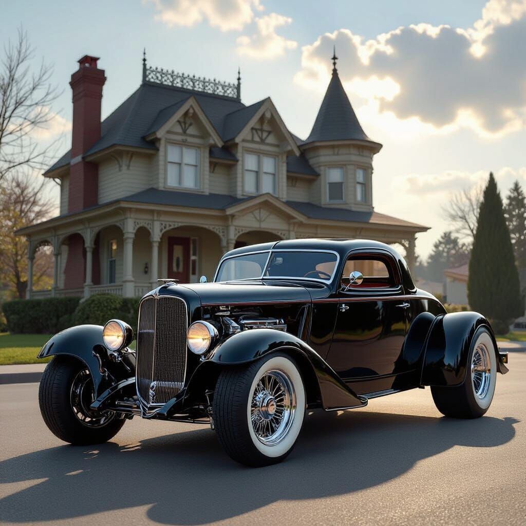 The Munsters Koach Parked Before The Munster Home