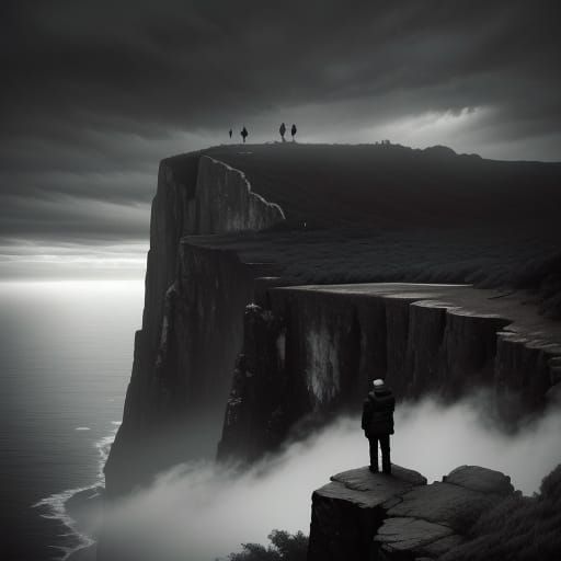 Hyperrealistic Cliffside Figure in Digital Art