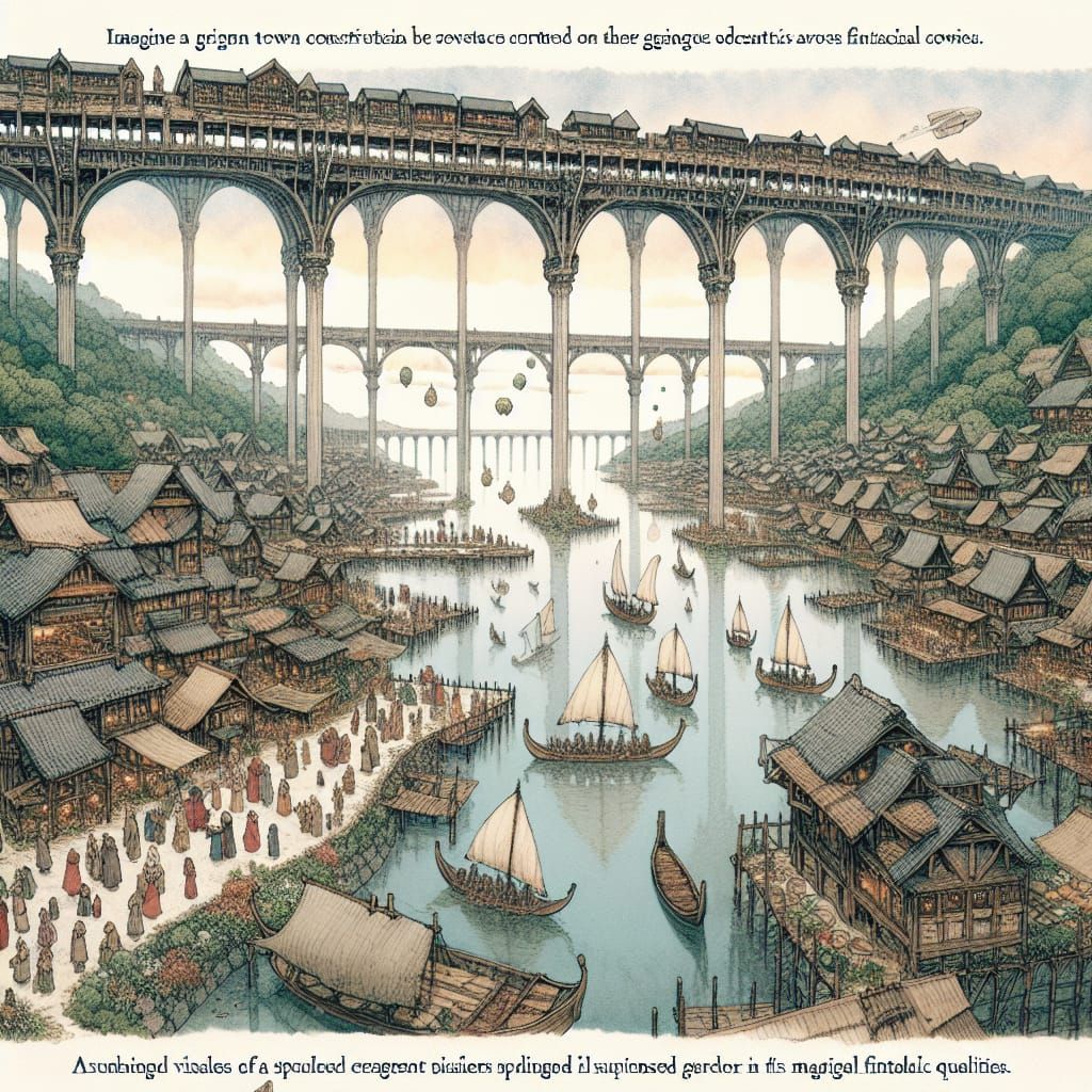 Lakeside Town on Grand Bridge in Anime Style