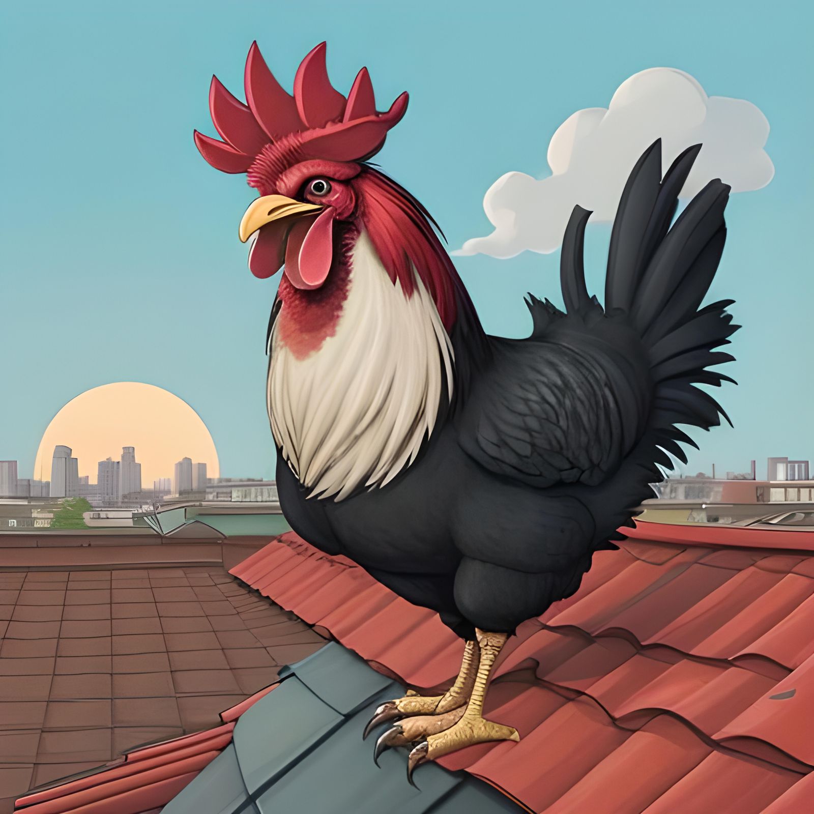 Overjoyed Rooster Caws at Sunrise: Cartoon Art