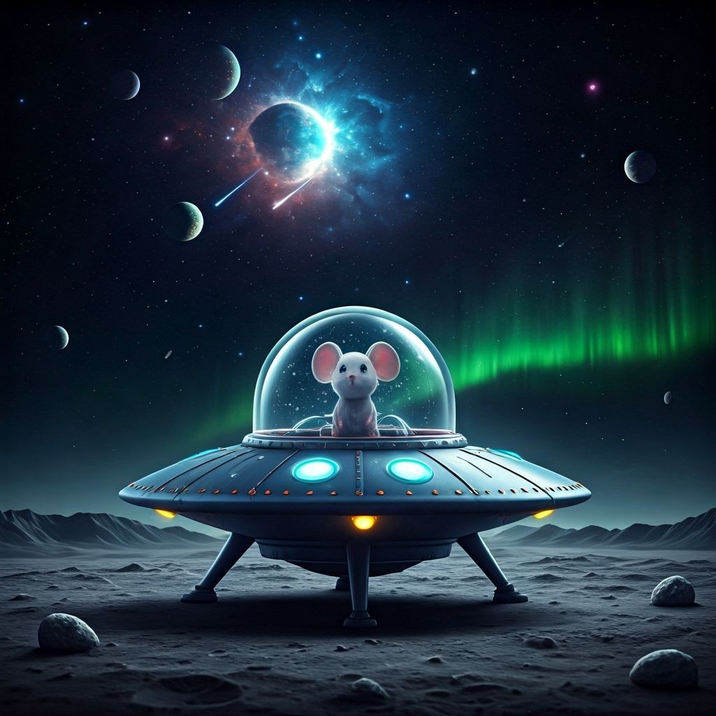 Chibi Mouse in Alien Spaceship on Moon Photograph