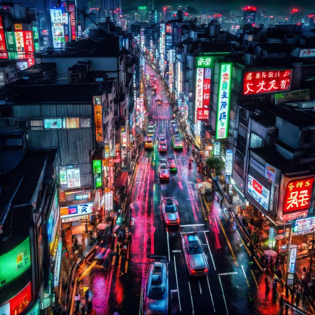 Tokyo Rainy Night: Neon Lights and Cityscape