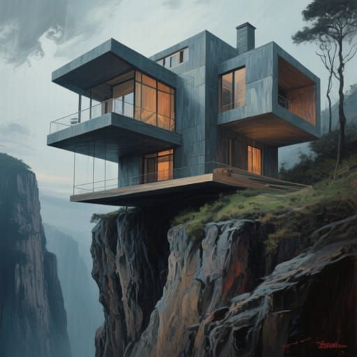 Impossible Cliffside House in Ominous Action Painting Style