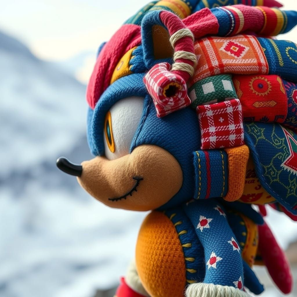 Vibrant Sonic Figurine in Textured Patchwork of Nepalese Fab...