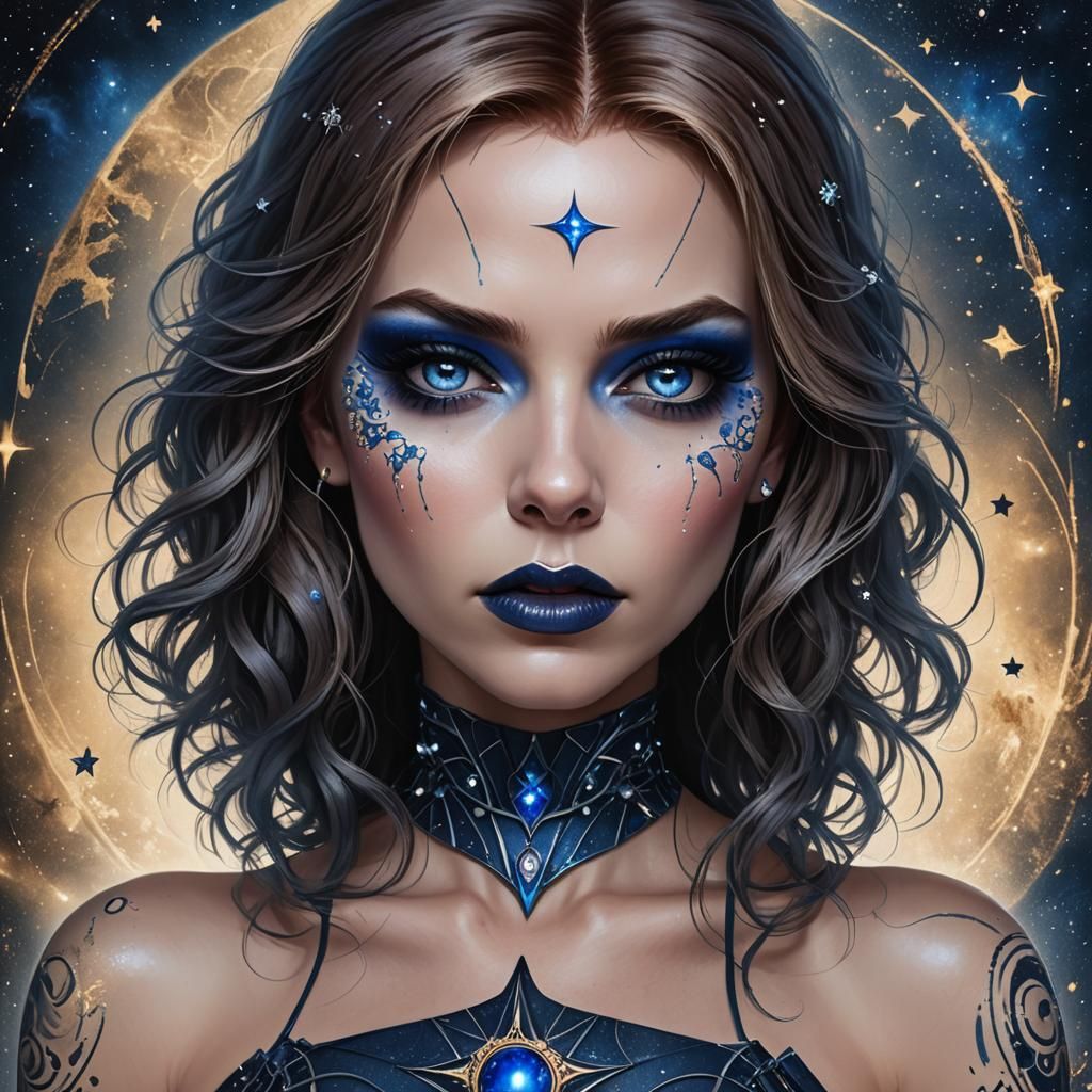 Sapphire Enigma: Black Widow in Detailed Matte Painting