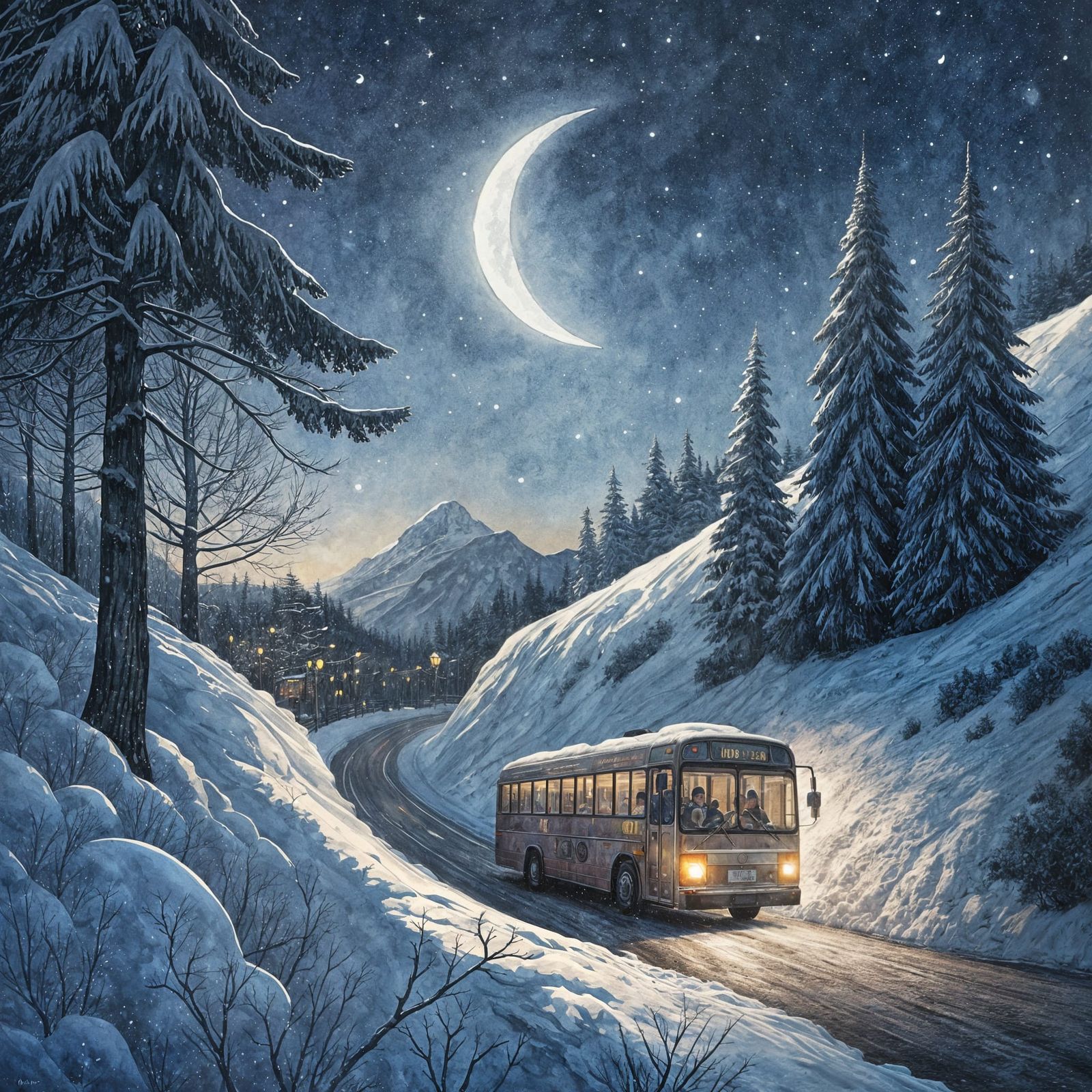 Winter Mountain Bus Ride Under Starry Night Sky