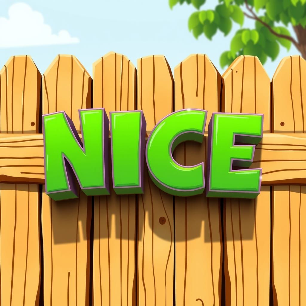CARTOON logo says NICE, conveys the logo written on a wooden cartoon fence with cartoon style paint in green with stunni...