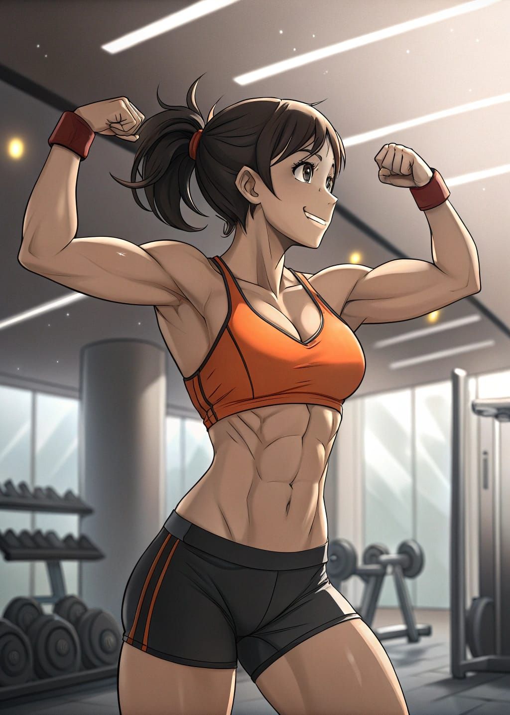 Anime-Style Asian Bodybuilder Flexing in Gym