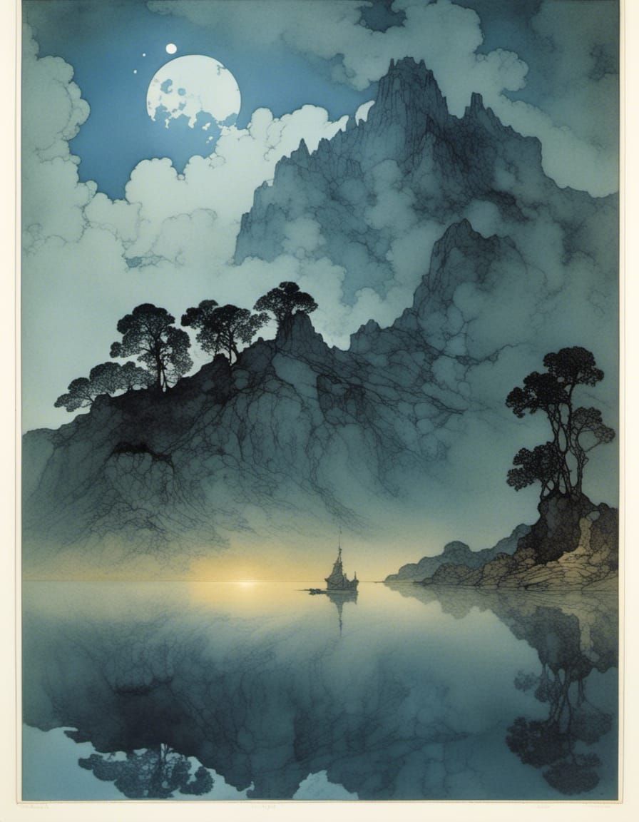 Ethereal Lady by Moonlit Lake in Rackham Style