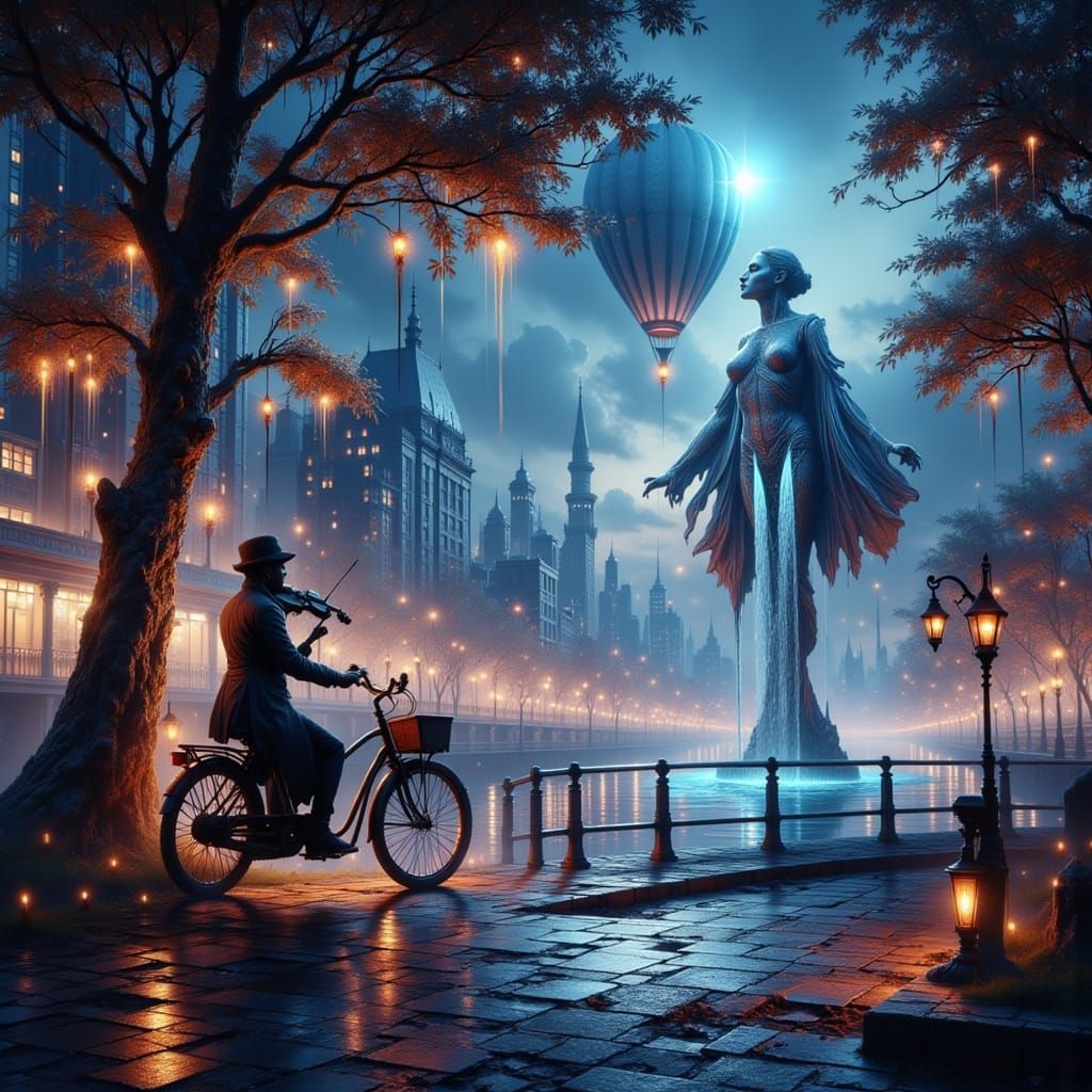 Dreamy Cityscape with Violinist and Giant Fountain