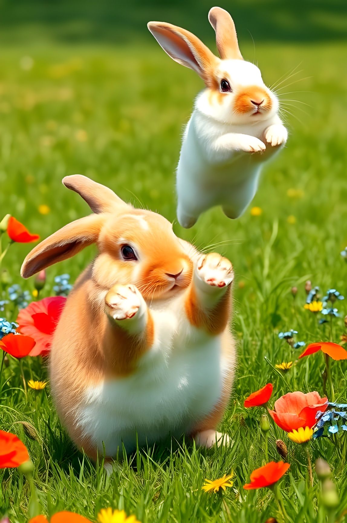 Mini Lops Playfully Binkying in Backyard, Illustrative Style
