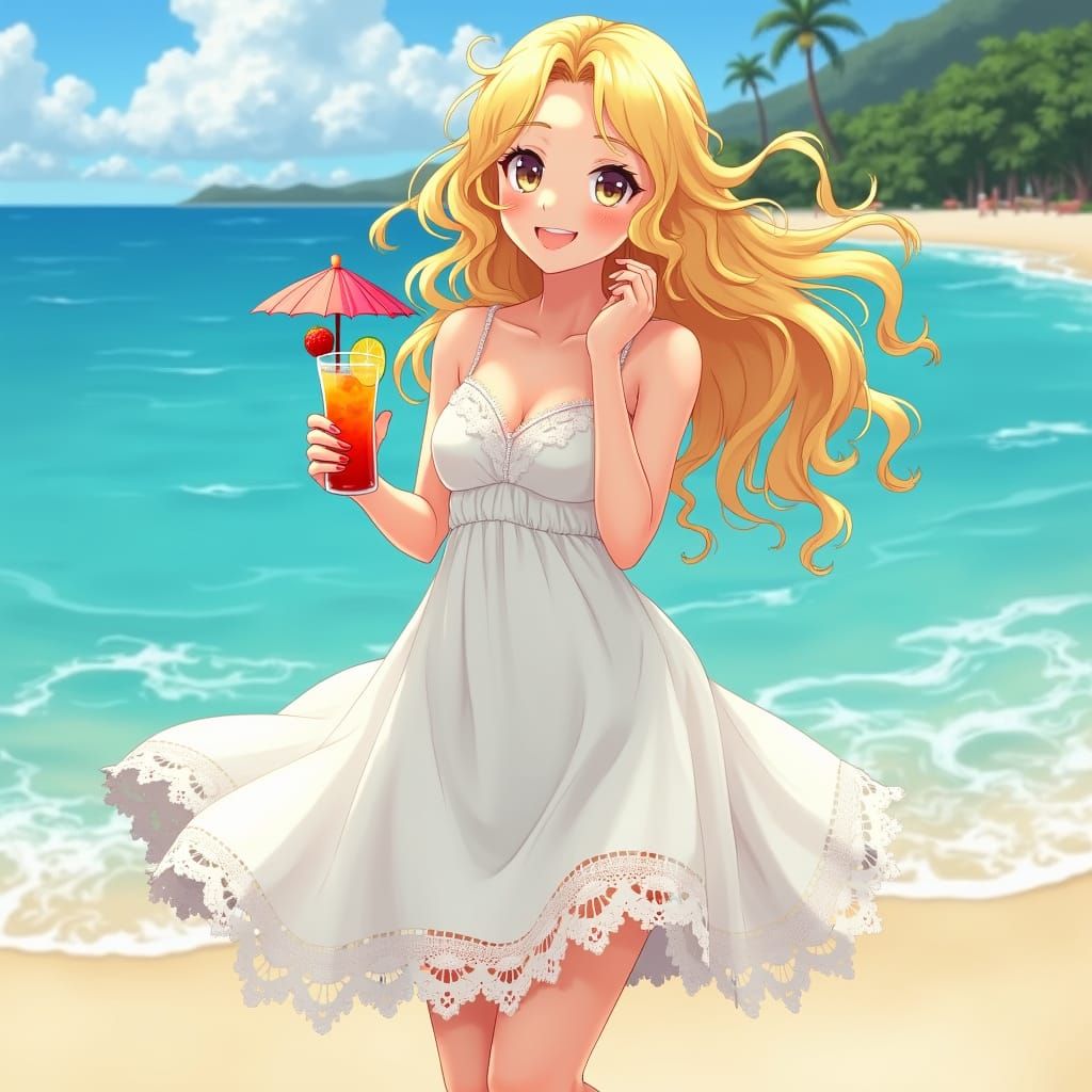 Girl with Cocktail on Sunny Beach, Dreamy Art