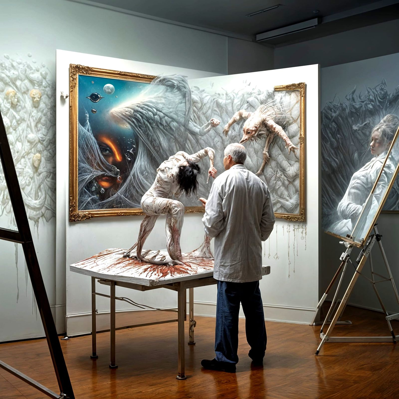 Surreal Portraits in White Laboratory: Detailed Matte Painti...