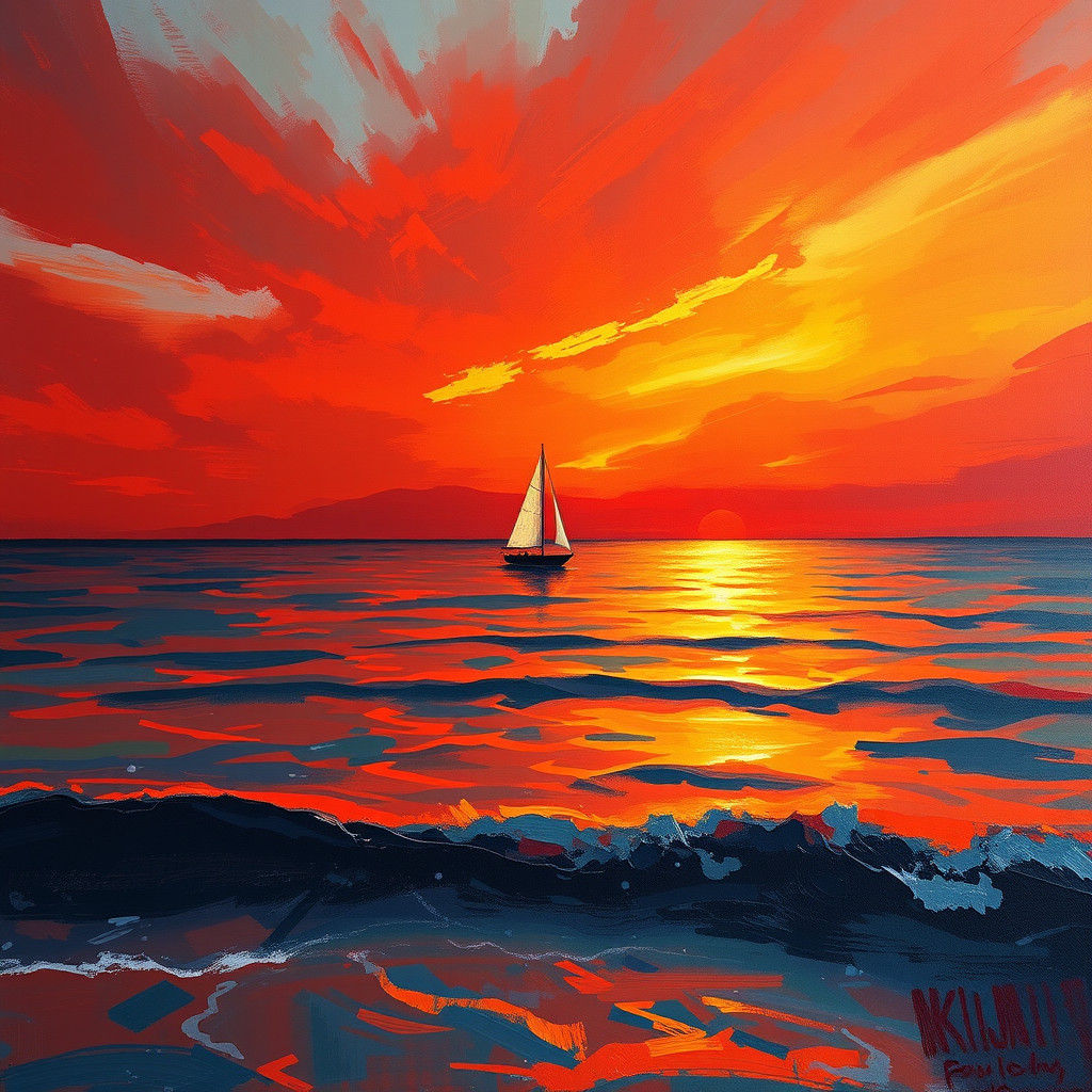 Fiery Sunset Seascape with Sailboat: Dreamy Color Field Art