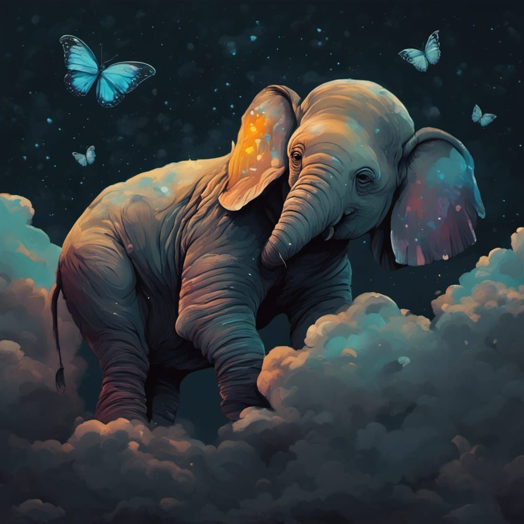 Cute Elephant in Night Sky Graffiti Art